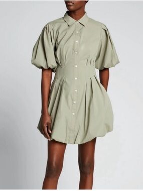 Jonathan Simkhai Sage Green Puff-Sleeve Button Mini Dress